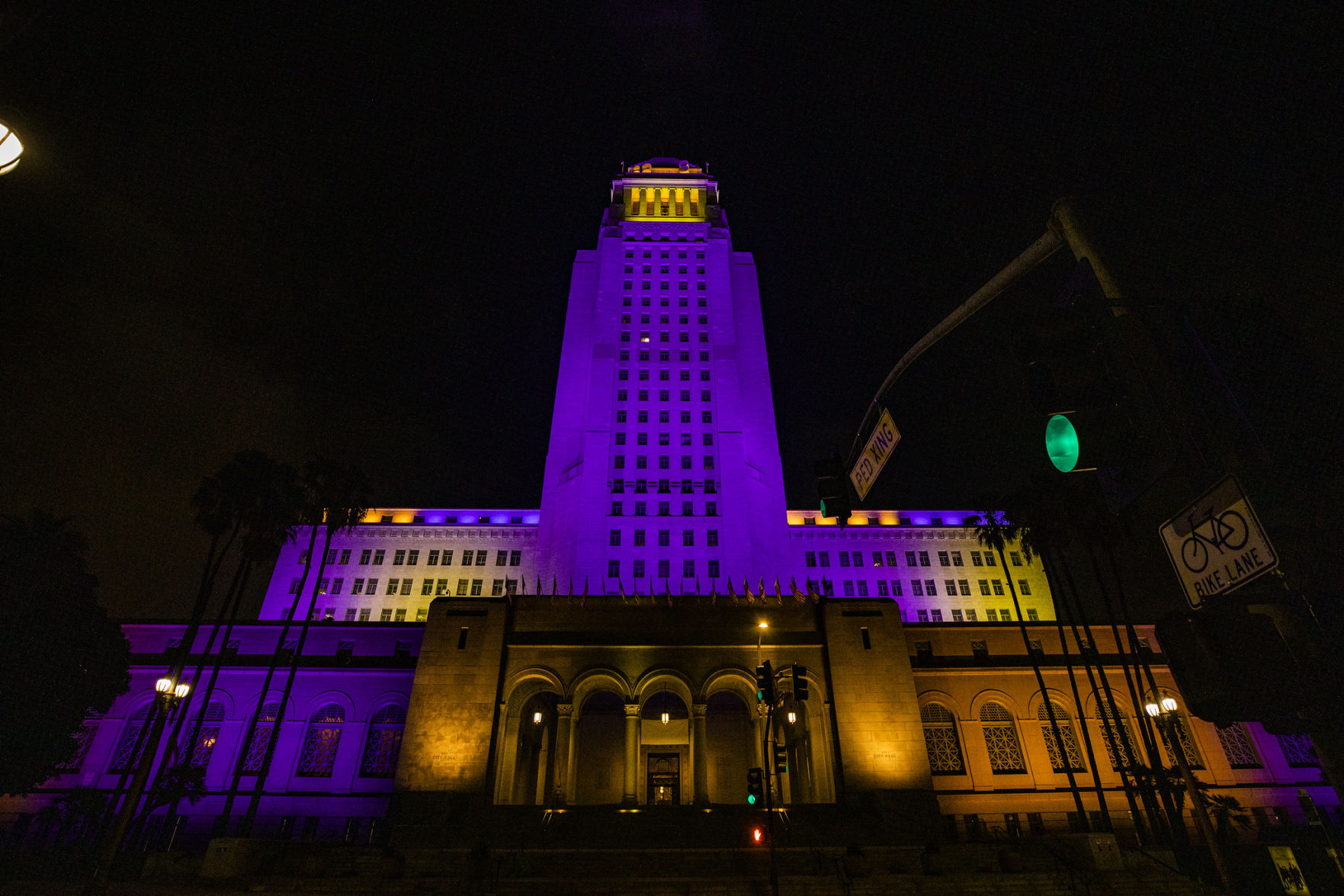 City Hall in Lakers purple and gold